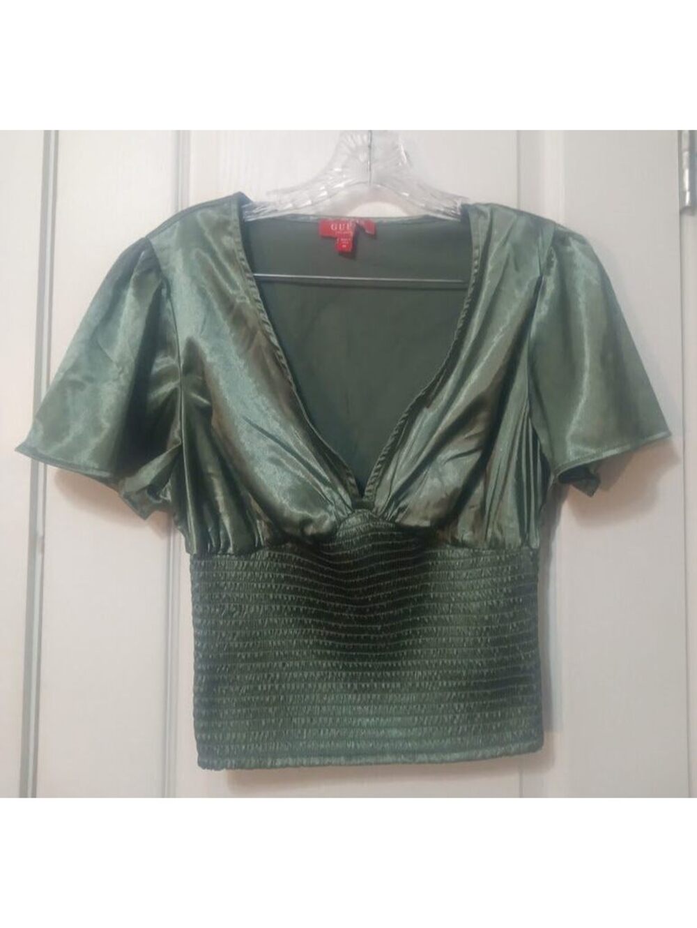 Metallic Green Satin V‑Neck Top — Guess, Size M